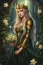 Placeholder: Dark green hair,Rapunzel hair,golden armor,night,sparkle,lily of the valley,ivy,elven warrior,elven ears,burgundy,green,gold,elven crown,extremely long hair