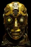 Placeholder: A mechanical click gears in the shape of humane Al Face with golden texture reflecting a dim light from a candle source, Dali style , Busch painting style with computer motherboard filled with chips and electronic components in the background .with to cameras lenses as Eyes