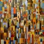 Placeholder: An abstract geometric painting depicting a landscape of an ancient medieval city with castles, towers, churches, vaults, culverts and bells in a very stylized and cubist way. The composition consists of various shapes, forms and geometric elements arranged to create the impression of buildings, structures and architectural elements in an urban landscape. The shapes and forms used in the painting are a combination of straight lines, angles, curves and circles, creating a sense of rhythm and mo