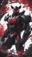 Placeholder: A close picture to Mix between transformers and venom symbiote in solo leveling shadow art style with red details detailsis in fantasy world