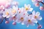 Placeholder: fantastic light pin blue background with four bunches of cherry blossoms, blossoms only, blur background