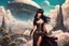 Placeholder: exotic sci-fi steampunk pin-up girl, with long dark hair with bangs, on an alien planet with cloud trees, tall spires, buildings, bridges, arches, photorealistic