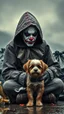 Placeholder: A sad hooded homeless clown with dirty face and bad make up sitting with his small dog , beside him with trash bags , in the background a, dark cloudy rainy weather