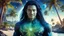 Placeholder: beautiful gorgeous young man na'vi with long hair, Avatar, blue skin, two small ears, green eyes, black hair, in cosmic suit, galactic ambiance, smiling, with spaceship and planets and palm trees and clear crystaline cosmic beach in background