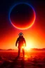 Placeholder: dark planet with three moons, at sunset with astronaut