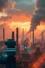 Placeholder: en framtidsvision med industri, robotar och en överhypad storstad, neon och rök, smog från stora industrier i bakgrunden som ryker från skrstenar, öde landskap, dystopi