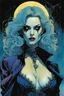 Placeholder: create a fine art print illustration of a seductive, Semnoni female vampire seeress, clothed in an ornate but ragged bliaud with highly detailed feminine facial features, gazing into a seething palantir , shrouded in a fetid mist at midnight , in the comic book art style of Bill Sienkiewicz, and Jean Giraud Moebius, finely textured, drawn, colored, and inked