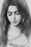 Placeholder: Pencil sketch of Young woman, Arab features,sad, long wavy hair, reading a book, full body، on lined paper