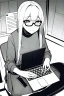 Placeholder: hacker girl with glasses use a laptop sitting in a cafe, line arts, greyscale