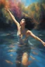 Placeholder: Abstract image of a beautiful woman with curly black hair floating in a river, looking up to the sky, arms stretched out, looking greatful, clear blue sky's, bright colours, 8k, super realistic, crystal clear waters