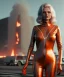 Placeholder: retro sci-fi portrait image from 1980, supermarket parking explosion, fire, scared people, blonde woman walking, young Michelle Pfeiffer face, tight latex suit, soft color, highly detailed, unreal engine 5, ray tracing, RTX, lumen lighting, ultra detail, volumetric lighting, 3d, finely drawn, high definition, high resolution.