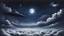 Placeholder: a realistic drawing of a navy blue night sky, with the moon and a ufo flying over clouds