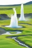 Placeholder: big geyser in Iceland, northern lights, green fields, clear sky, nighttime