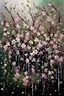 Placeholder: Cascading cherry blossoms hanging from the top of the image, flowers painted as fine color splatters, raining with petals, pastel colours, water at the bottom, abstract, fine art