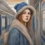 Placeholder: A woman in the metro in the style of léonardde vinci,, blue, Grey, beige,orange, with a woollen hat