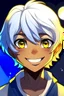 Placeholder: Style: Cartoon anime or manga, A boy with dark skin tone, with yellow and blue eyes, white hair, moon-shaped cheek marks, and a childish smile, he seems pretty crazy HEHE!