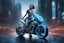 Placeholder: transparent glass blue shiny cyborg woman riding a transparent glass-metallic futuristic motorcycle, high cyber city background, high detailed, cyberpunk style, high contrast, dramatic low angle, full body visible, legs visible, the way with neon lights, sharp focus, perfect composition, measterpiece