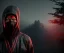 Placeholder: Ninja portrait , black suite, in the night Alps , angels background, volumetric red light, high detail, dark leaf tree, dark mountains in background, perfect, HR Giger style, red lights