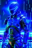 Placeholder: cyberpunk, neon blue, high technology, geometric figures, orbiting figures, cyberpunk suit, black and blue, epic, rain, neon blue suit, geometric figures orbiting around suit, exosuit, male