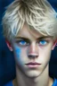 Placeholder: a portrait of teenage boy in blue tee-shirt blue eyes blonde black hair