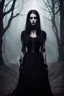 Placeholder: a mystic beauty goth woman with pale skin, black-silver hair, , goth style makeup. She wearing a stylish nice black dress, she gazes mysterious , mystic dark vibe, fog, shadows