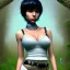 Placeholder: realistic photo of a 23-year-old gentle graceful boyish damsel pixie, short men's hairstyle, short black hair, boyish face, beautiful women's cleavage, women's jeans with gaps with lace mesh and rhinestones, trousers fit wide hips, high heels, very thin waist, big ass, fashionable women's handbags, party for girls