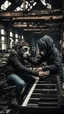 Placeholder: a person with a gas mask in an abandoned big massive factory, playing with a modular synth piano