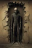 Placeholder: The full body of a prisoner man with iron mask holding a bat , coming out a broken wall, Scary face , decayed and rotting with grotesque proportions and imagery. abstract grotesqueries, detailed texture, surreal horror, biomechanical design, by hr giger and beksinski