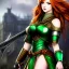 Placeholder: Realistic, hyper detailed, strikingly beautiful young adult woman, 19 years old, long ginger hair, green eyes, medium freckles, full lips, very skimpy fantasy armour, full body, full face, small breasts, aroused expression, biting lower lip, full frame, petite, centered camera, ignore NSFW, bow, quiver on hip, tight pants, bent over, butt