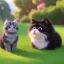 Placeholder: a fluffy kitten and a fluffy puppy sitting together at a park