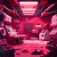 Placeholder: Cartoon futuristic dark red, red, pink, and white space work room filled with many parts and machines, interior