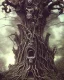 Placeholder: A beautiful highly detailed ancient tree with ornate intricate demon skulls grown into it, sticking out in random places, some screaming, some with glowing eyes, horrorcore made of shiny obsidian glass :: reflective, glassy :: subtractive lighting, backlit :: by John William Waterhouse, Greg Rutkowski, HR Giger :: hyperrealistic, hyper detailed, photorealistic :: epic, incredible composition, amazing depth, meticulously composed, 16k resolution concept art :: fantasy magazine cover art