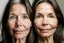 Placeholder: A selfie of a brunette woman, middle long hair, showing a 59-year-old European woman. She has brown hair, face without makeup, cute nose, detailed full lips, skin texture. Split screen and show the same face but without wrinkels and younger and more beautiful