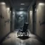 Placeholder: Hyper Realistic wheelchair in between of a dark hallway of a huge hospital at night with peeling wall paint