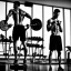 Placeholder: a man doing fitness with weights in a fitness studio, black and white only