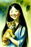 Placeholder: A cute smiling asian girl is holding a kitten. Watercolour