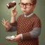 Placeholder: peter billingsley chubby with glasses, holding a single ((Dark red))soap bar, ((brown))argyle sweater