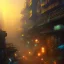 Placeholder: spray paint fantasy art, evening, seen from balcony, dirty city alley, heist action, upper body of human thief in shadow, book illustration, cartoon characters