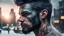 Placeholder: Double exposure, Wolfman, photorealism, man, city, sunset, snow, rain, fantasy, mystical, tattoo, vertical pupils, high detail, high resolution, 8K