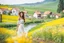 Placeholder: Young woman in flower field in country side ,river, houses