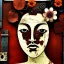 Placeholder: an abstract painting of rusted metal and flowers, Geisha portrait, rust, scaffolding, iron cladding, decay, mixed media, textured, anatomically correct, beautiful perfect face, sharp focus, highly detailed by Simone Martini 8k