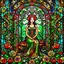 Placeholder: Stained Glass Art Nouveau art style A beautiful as a model asian woodland elf princess who looks like a young Lucy Liu seated on a throne surrounded by poppies and marijuana leaves in a mystical forest, photo-realistic