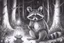 Placeholder: At dusk a curious raccoon explores the forest. Tiptoeing into human campsites, intrigued by human artifacts they found.- Pencil drawing, realistic, graphite