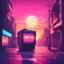 Placeholder: time machine in a street, synthwave picture style with light pixel, the sunset on the horizon, with a big pixelated sun