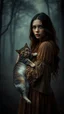 Placeholder: Vintage portrait of a beautiful woman carrying a dead cat standing in a misty and foggy forest background, eerie twilight lighting