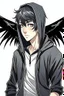 Placeholder: Anime man with black wings realistic happy wearing a hoodie