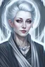 Placeholder: Hyper-realistic, highly detailed portrait inspired by Yoshitaka Amano and Artgerm. Elven woman with elongated ears, light grey hair styled in a bun, and light grey eyes. Chalky white skin emphasized. Focus on dark, fantasy attire: black scarf and robe, bare arms.