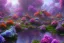 Placeholder: monde en fleurs, flower tree-houses, concept art, crépuscule , fuksia bleu oranger, vibrant Color, réaliste, riviere bleu, tree-house