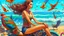 Placeholder: A digital painting in vibrant colors and intricate patterns of a woman in a bikini sitting on a beach next to a motorcycle, with seagulls flying overhead and waves crashing in the background