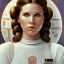 Placeholder: star wars death star background, complete and photo realistic detailed head to waist stunning photo realistic portrait of young carrie fisher as Princess Leia in star wars with photo realistic hairstyle by Mandy Jurgens and mucha and Richard Schmid and chuck close and chie yoshii, extraordinary and detailed ceremony dress of star wars,brown eyes